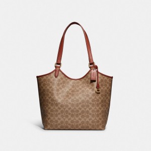 Coach Day Tote Bag In Signature Canvas Marrones Rojas | COH865090
