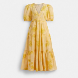 Coach Long Cotton Floral Dress Amarillo | COH866067
