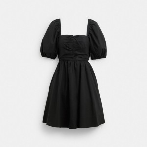 Coach Short Dress With Puff Sleeves In Organic Cotton Negras | COH866068