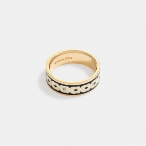 Coach Signature Enamel Ring Doradas Negras | COH866083