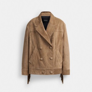 Coach Suede Fringe Jacket Beige Oscuro | COH865936