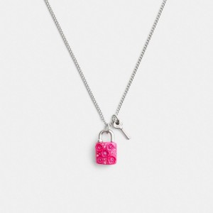Coach Tea Rose Padlock And Key Pendant Necklace Plateadas Rosas | COH866212