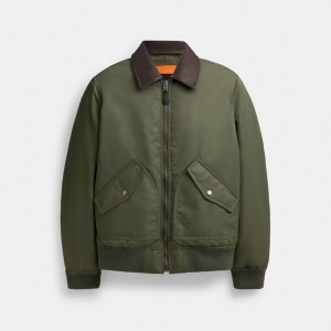 Coach Woven Jacket With Leather Collar Verde | COH866862